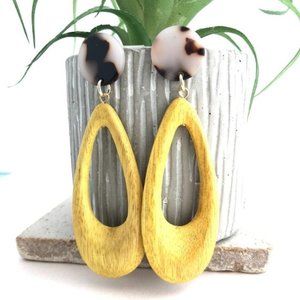 Mustard Wooden Earrings, Dangle Drop Earrings, Exotic Bohemian Large Teardrop